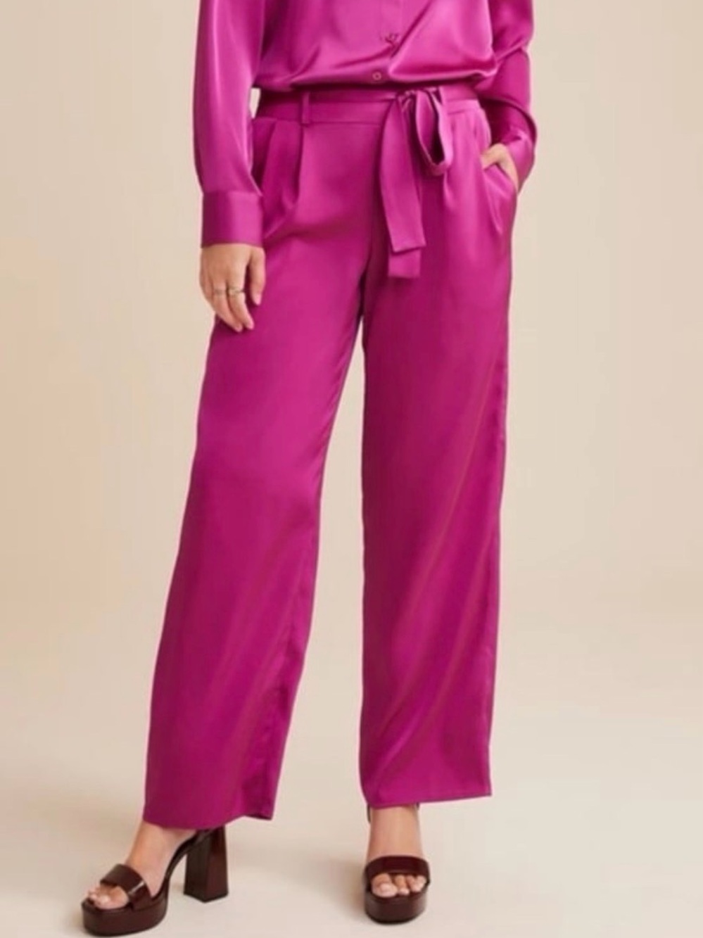 NWT Maurices Women’s Wide-Leg Tie-Waist Satin Pants in Fuchsia - XS
